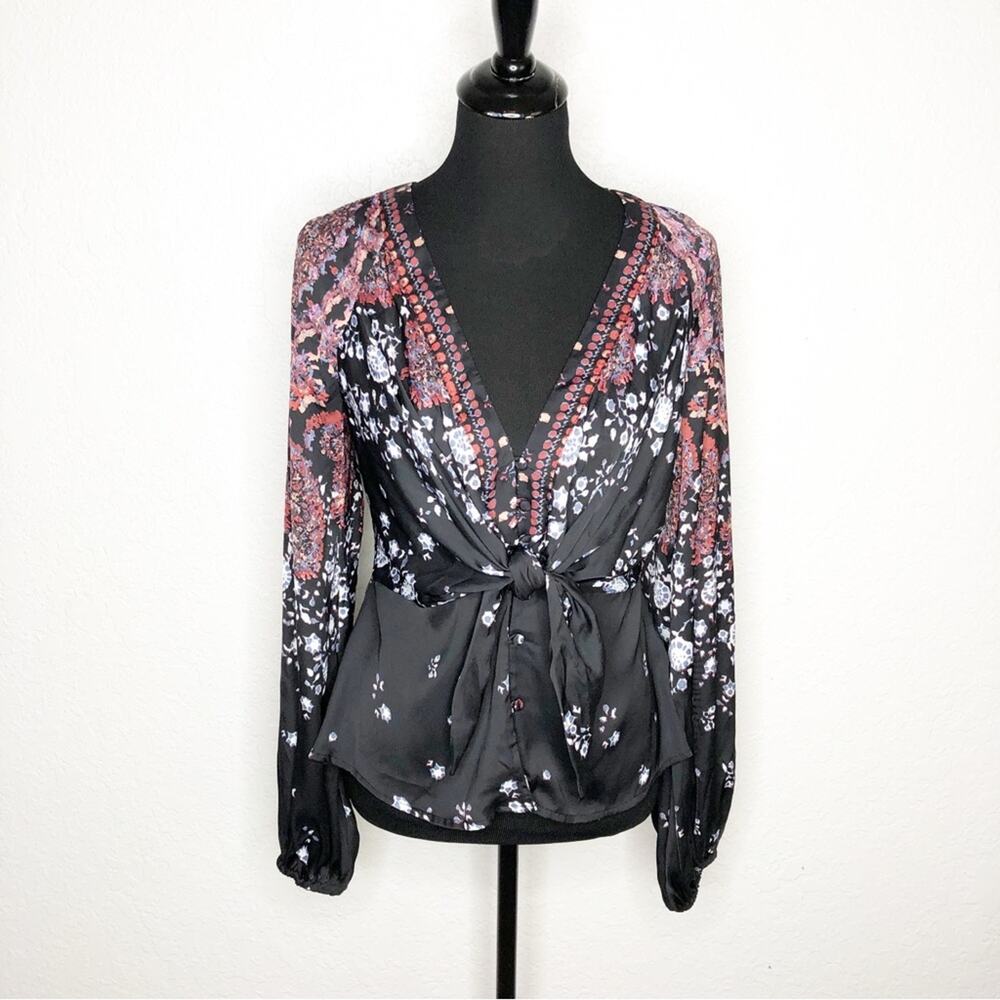 Free People black red floral button down peplum top size Small
